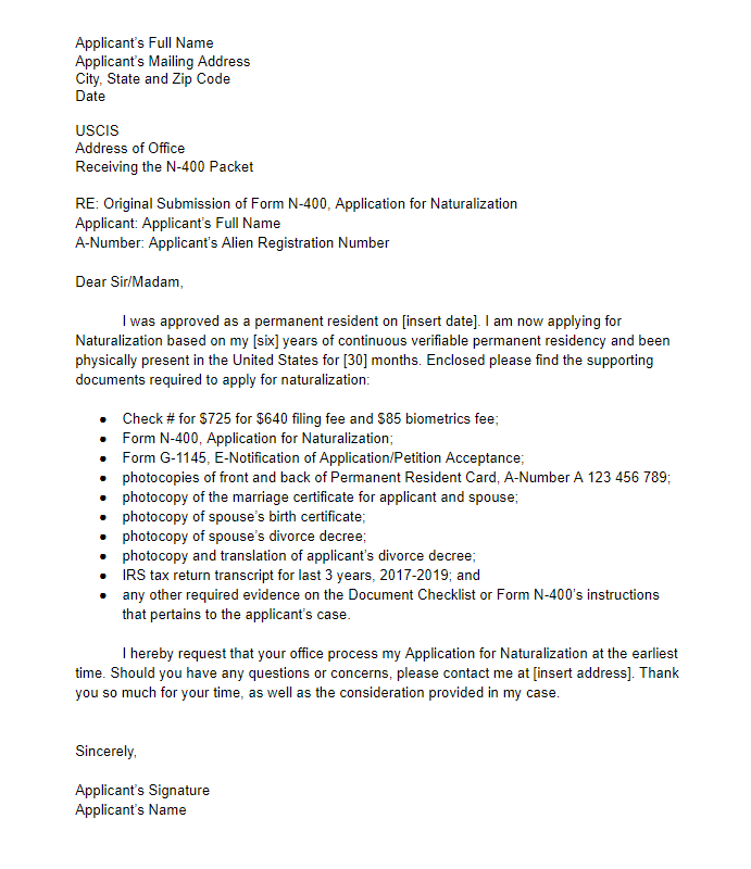 sample cover letter for naturalization application